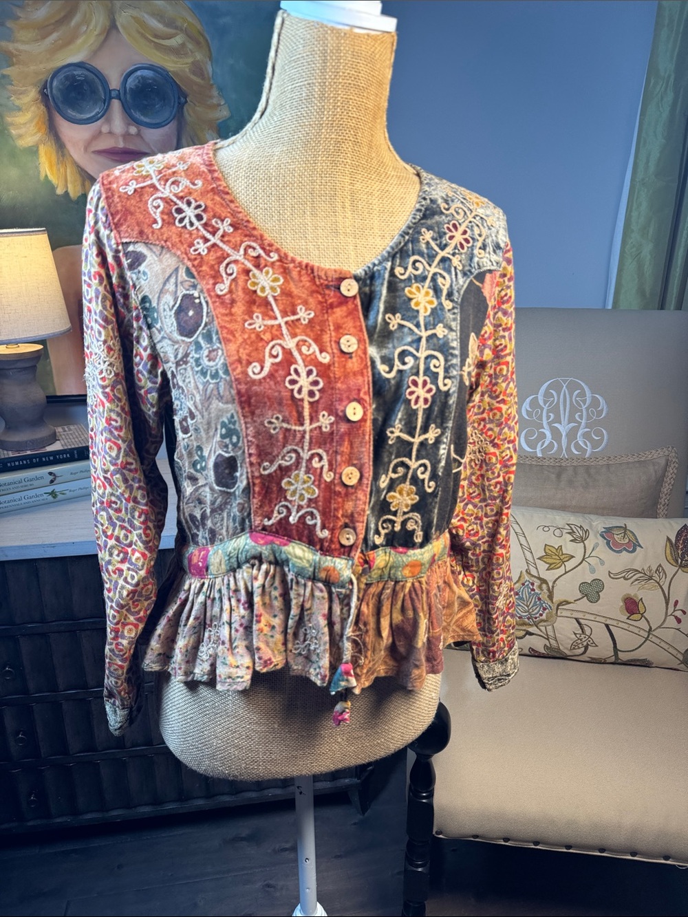 Sacred Threads Multicolor Patchwork Embroidered Button-Down Peplum Top s/m